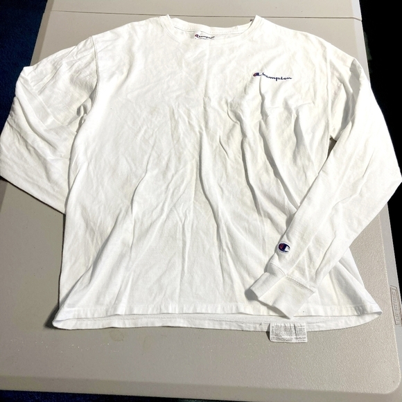 Champion Spell Out Logo Long Sleeve T-Shirt White Men's Medium M 100% Cotton EUC - Picture 1 of 6